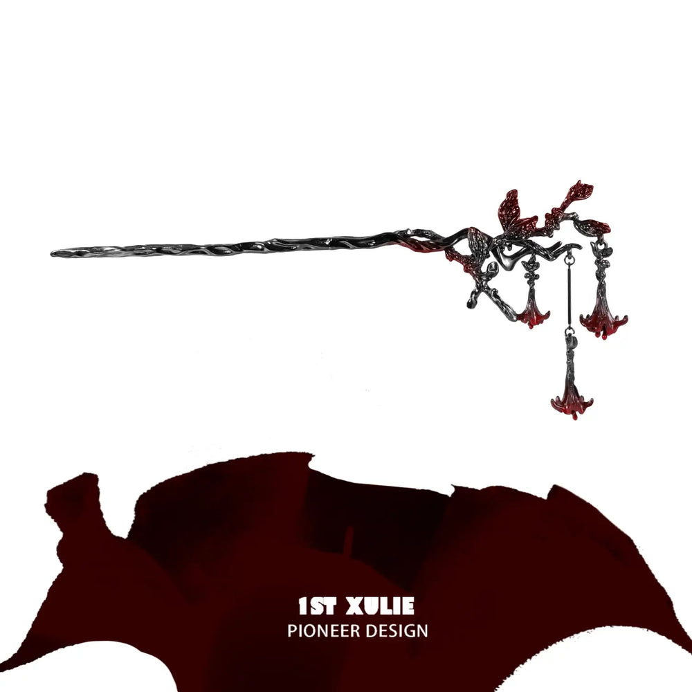 1ST XULIE "Bloody Datura" Gothic Floral Datura Pendant Hairpin in Platinum Plated - Detail Shot