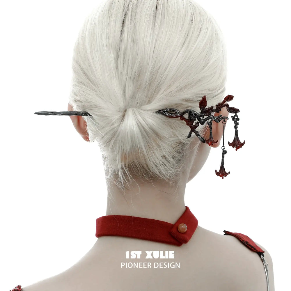 1ST XULIE "Bloody Datura" Gothic Floral Datura Pendant Hairpin in Platinum Plated - Product View