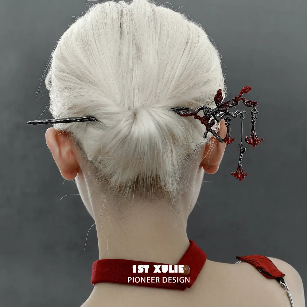 1ST XULIE "Bloody Datura" Gothic Floral Datura Pendant Hairpin in Platinum Plated - Side View