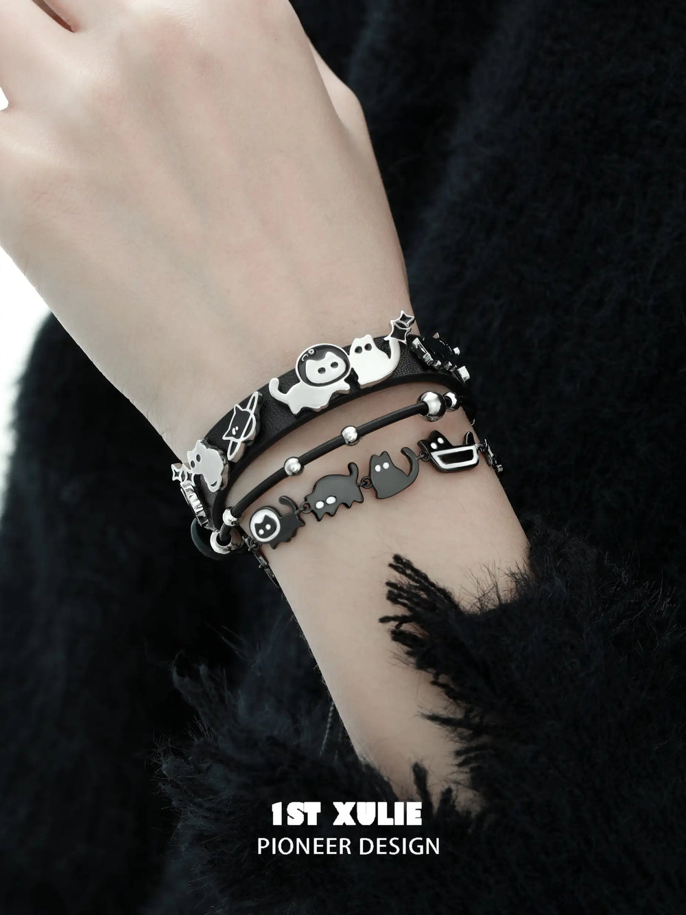1ST XULIE "Ghosts Black Cat" Gothic Ghost Cat Charm Bracelet in 18K Black Gold Plated Brass - Angled View