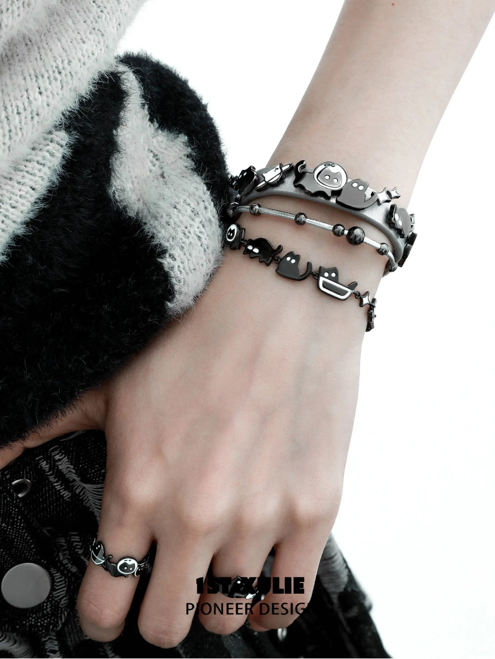 1ST XULIE "Ghosts Black Cat" Gothic Ghost Cat Charm Bracelet in 18K Black Gold Plated Brass - Lifestyle Shot