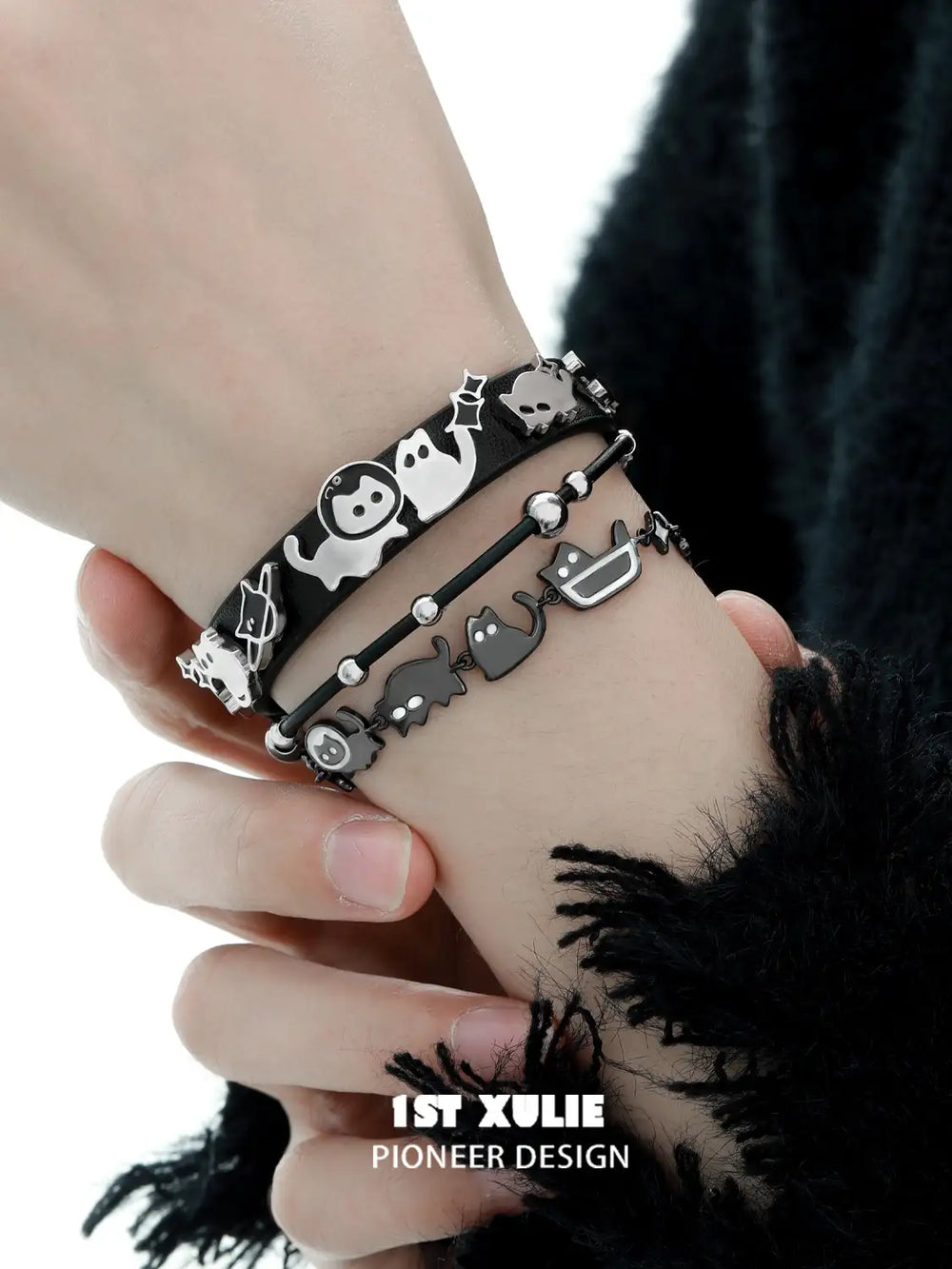 1ST XULIE "Ghosts Black Cat" Gothic Ghost Cat Charm Bracelet in 18K Black Gold Plated Brass - Product View