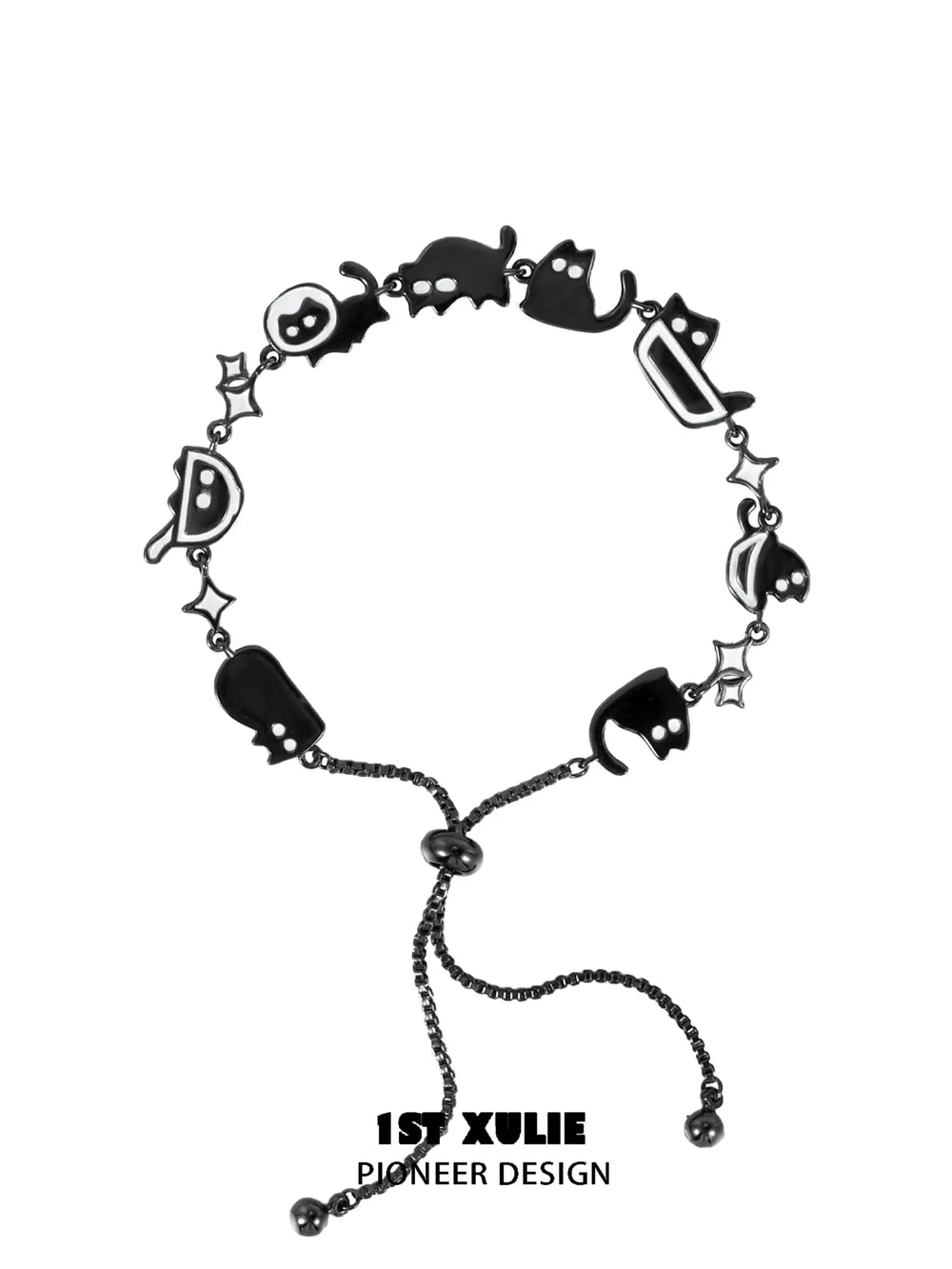 1ST XULIE "Ghosts Black Cat" Gothic Ghost Cat Charm Bracelet in 18K Black Gold Plated Brass - On Model