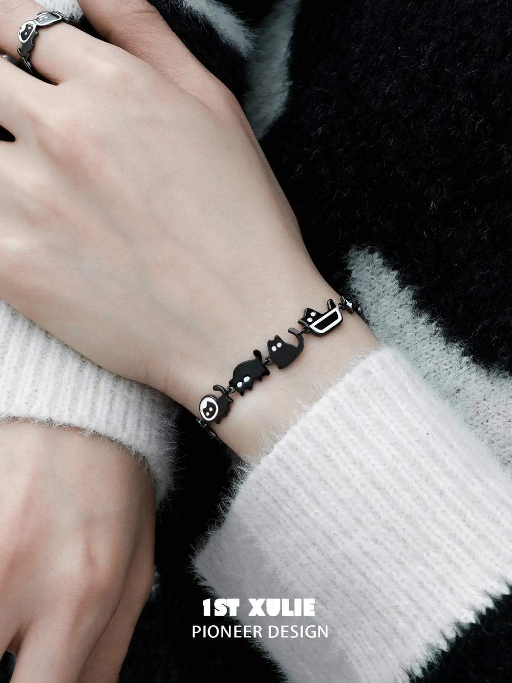 1ST XULIE "Ghosts Black Cat" Gothic Ghost Cat Charm Bracelet in 18K Black Gold Plated Brass - On Model Close-Up