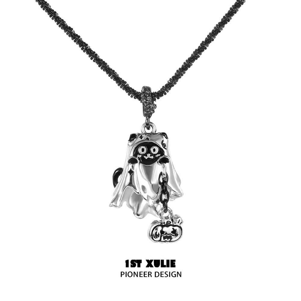1ST XULIE "Ghosts" Gothic Ghost Cat Pendant Necklace in Platinum Plated - Product View