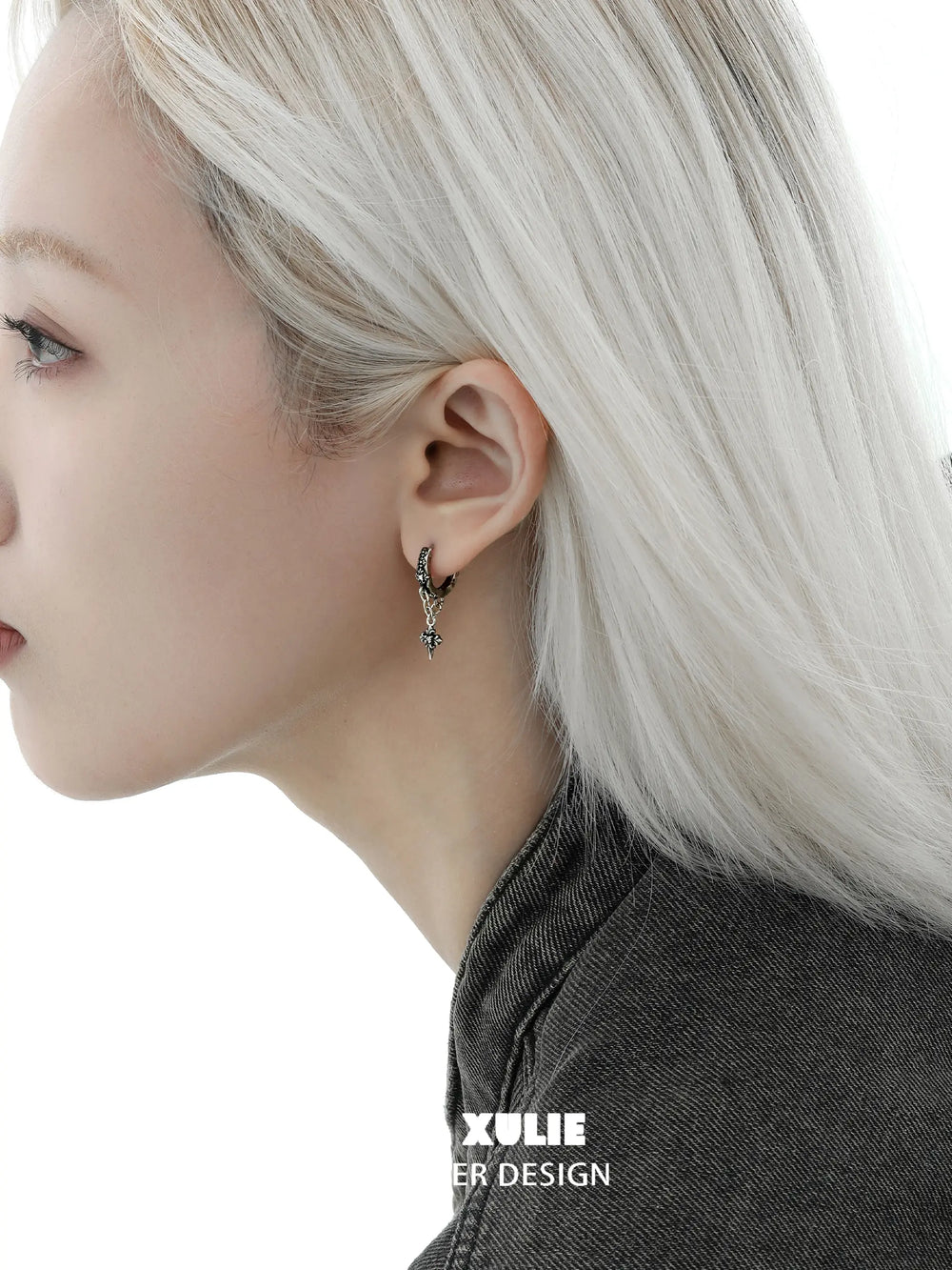 1ST XULIE "Irises" Gothic Oxidized Dangle Cross Earrings in 925 Sterling Silver - Angled Product View