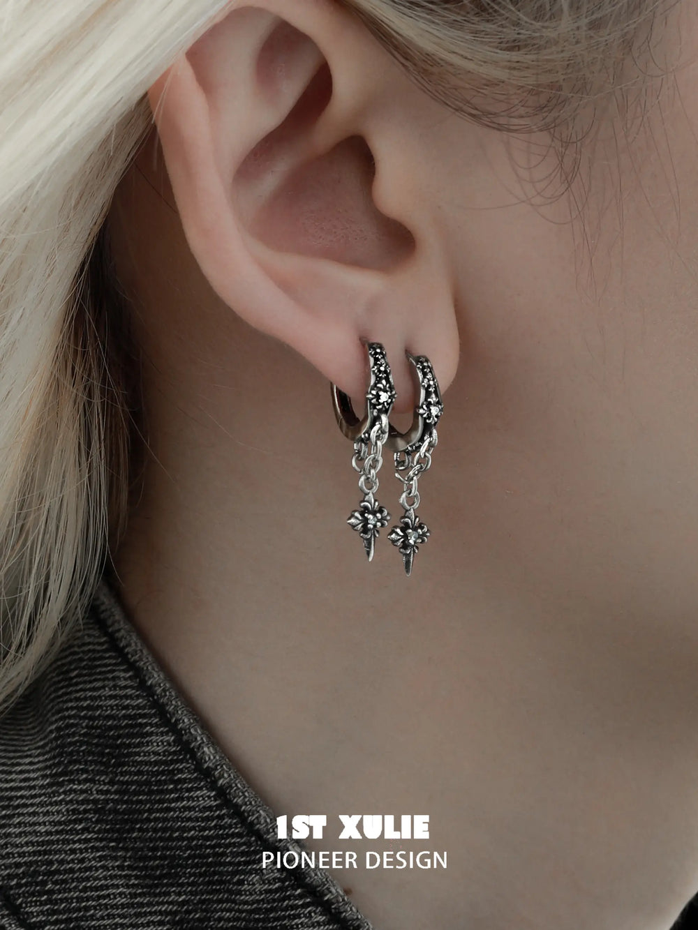 1ST XULIE "Irises" Gothic Oxidized Dangle Cross Earrings in 925 Sterling Silver - Detail Shot