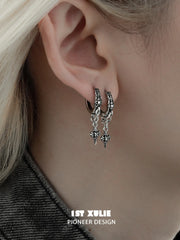 1ST XULIE "Irises" Gothic Oxidized Dangle Cross Earrings in 925 Sterling Silver - Detail Shot