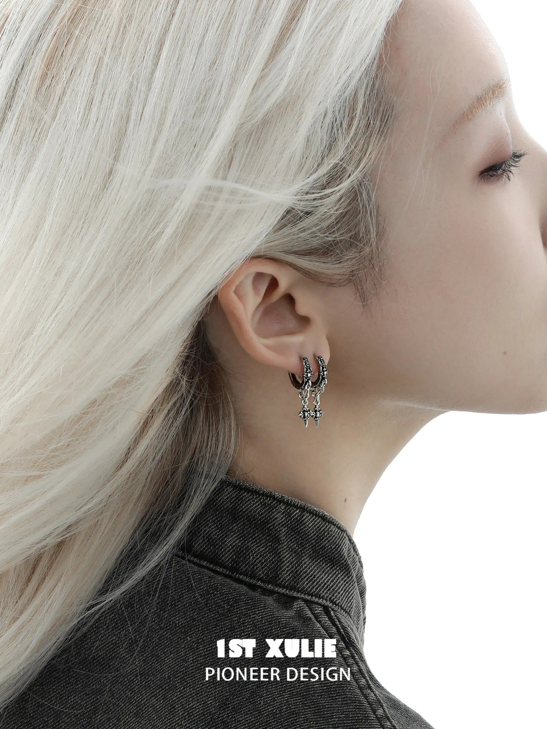 1ST XULIE "Irises" Gothic Oxidized Dangle Cross Earrings in 925 Sterling Silver - Side View 1ST XULIE "Irises" Gothic Oxidized Dangle Cross Earrings in 925 Sterling Silver - Side View