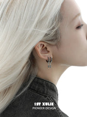 1ST XULIE "Irises" Gothic Oxidized Dangle Cross Earrings in 925 Sterling Silver - Side View