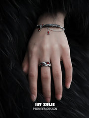 1ST XULIE "Lucifer" Gothic Red Crystal Feather Ring in 925 Sterling Silver - On Model