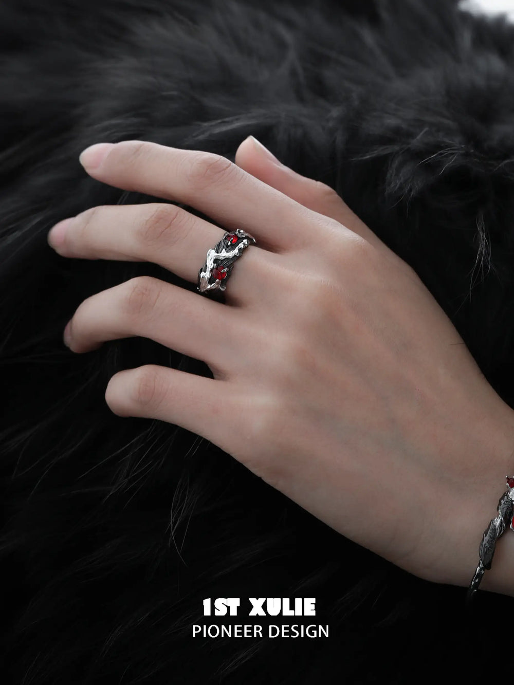 1ST XULIE "Lucifer" Gothic Red Crystal Feather Ring in 925 Sterling Silver - On Model Close-Up