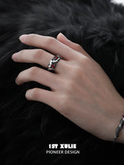 1ST XULIE "Lucifer" Gothic Red Crystal Feather Ring in 925 Sterling Silver - On Model Close-Up