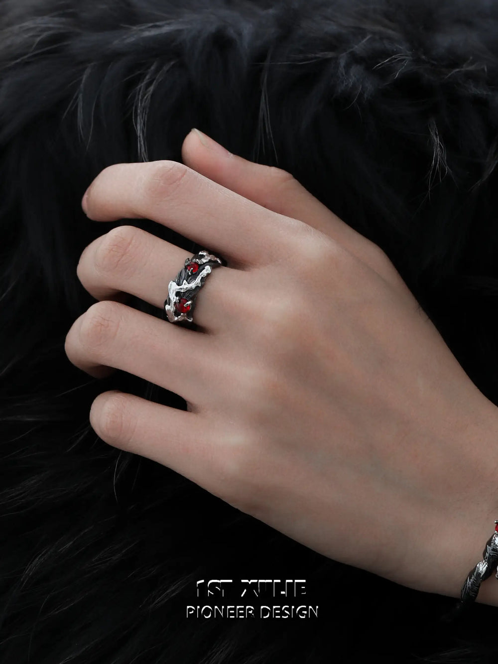 1ST XULIE "Lucifer" Gothic Red Crystal Feather Ring in 925 Sterling Silver - Angled Product View
