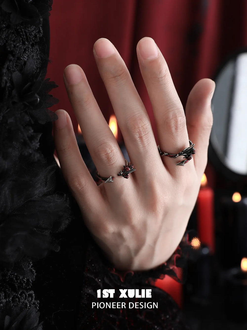 1ST XULIE Jewelry "TWILIGHT ROSE" Gothic Rose and Arrow Ring in 925 Sterling Silver - Detail Shot