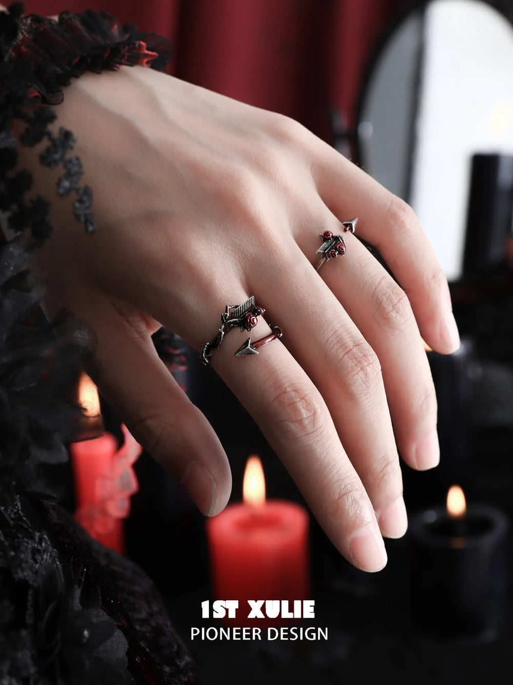 1ST XULIE Jewelry "TWILIGHT ROSE" Gothic Rose and Arrow Ring in 925 Sterling Silver - Lifestyle Shot