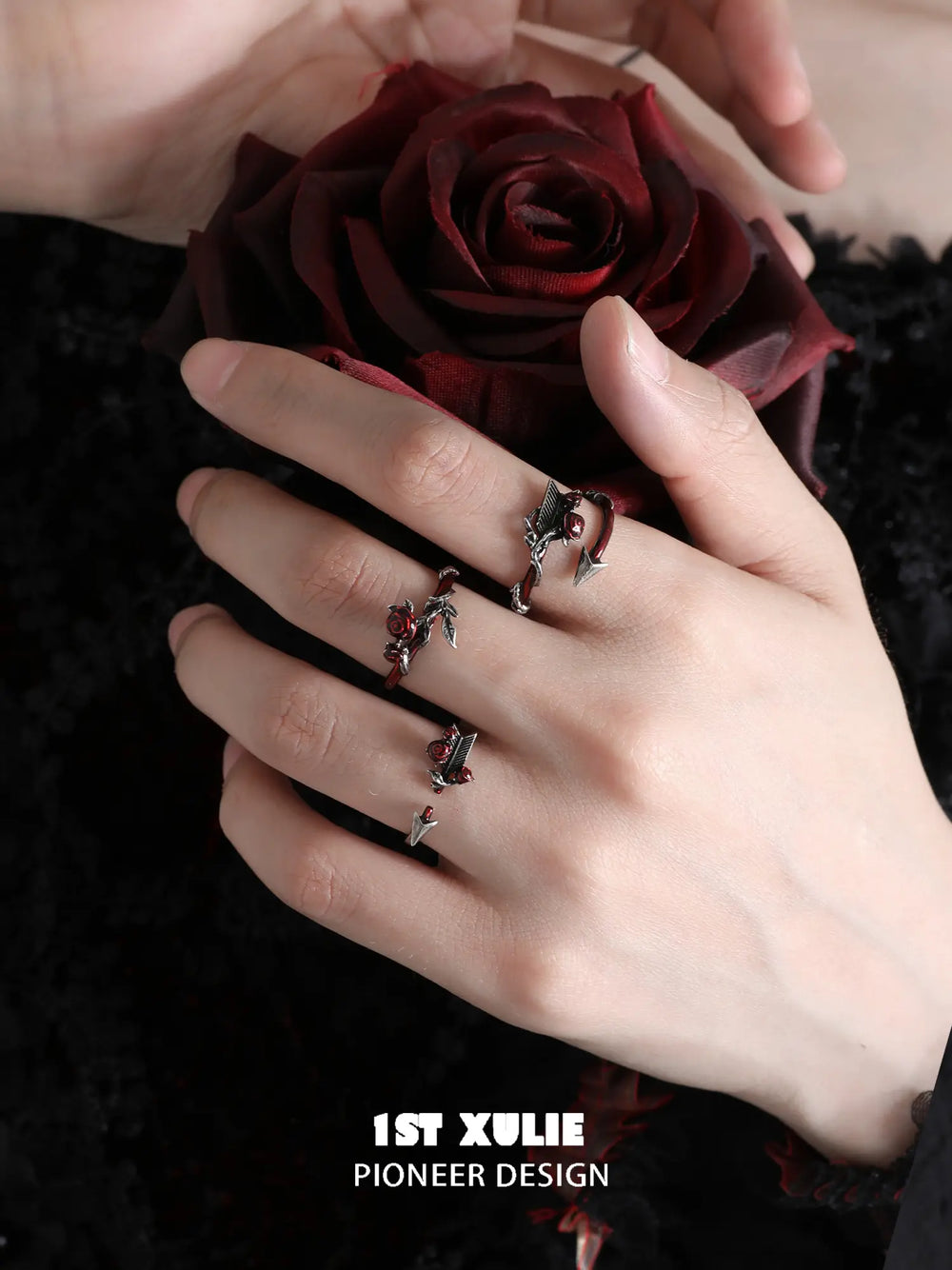 1ST XULIE Jewelry "TWILIGHT ROSE" Gothic Rose and Arrow Ring in 925 Sterling Silver - Side View