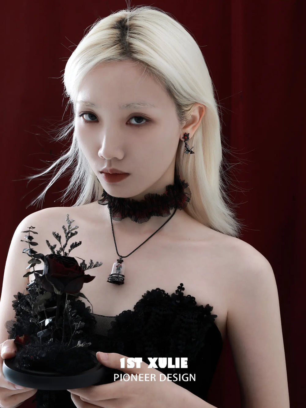 1ST XULIE Jewelry "TWILIGHT ROSE" Gothic Rose Bow Stud Drop Earrings in Black Gold Plated - On Model