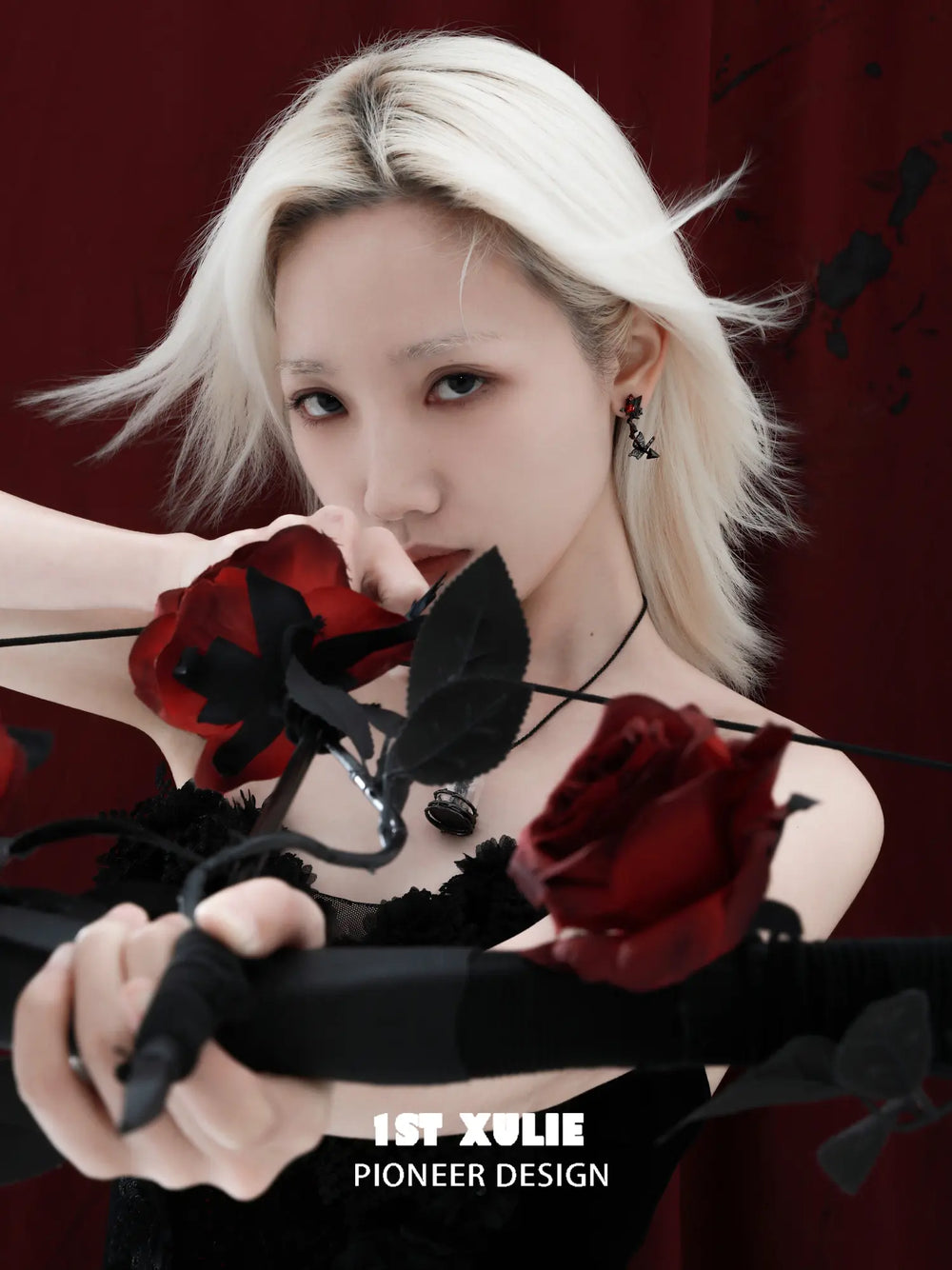 1ST XULIE Jewelry "TWILIGHT ROSE" Gothic Rose Bow Stud Drop Earrings in Black Gold Plated - Texture