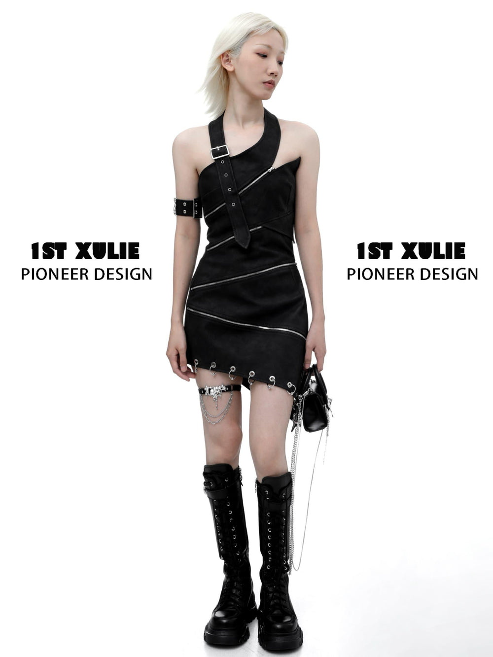 1ST XULIE "Taboo Rose" Gothic Rose Chain Handbag in Microfiber and Alloy - On Model Close-Up