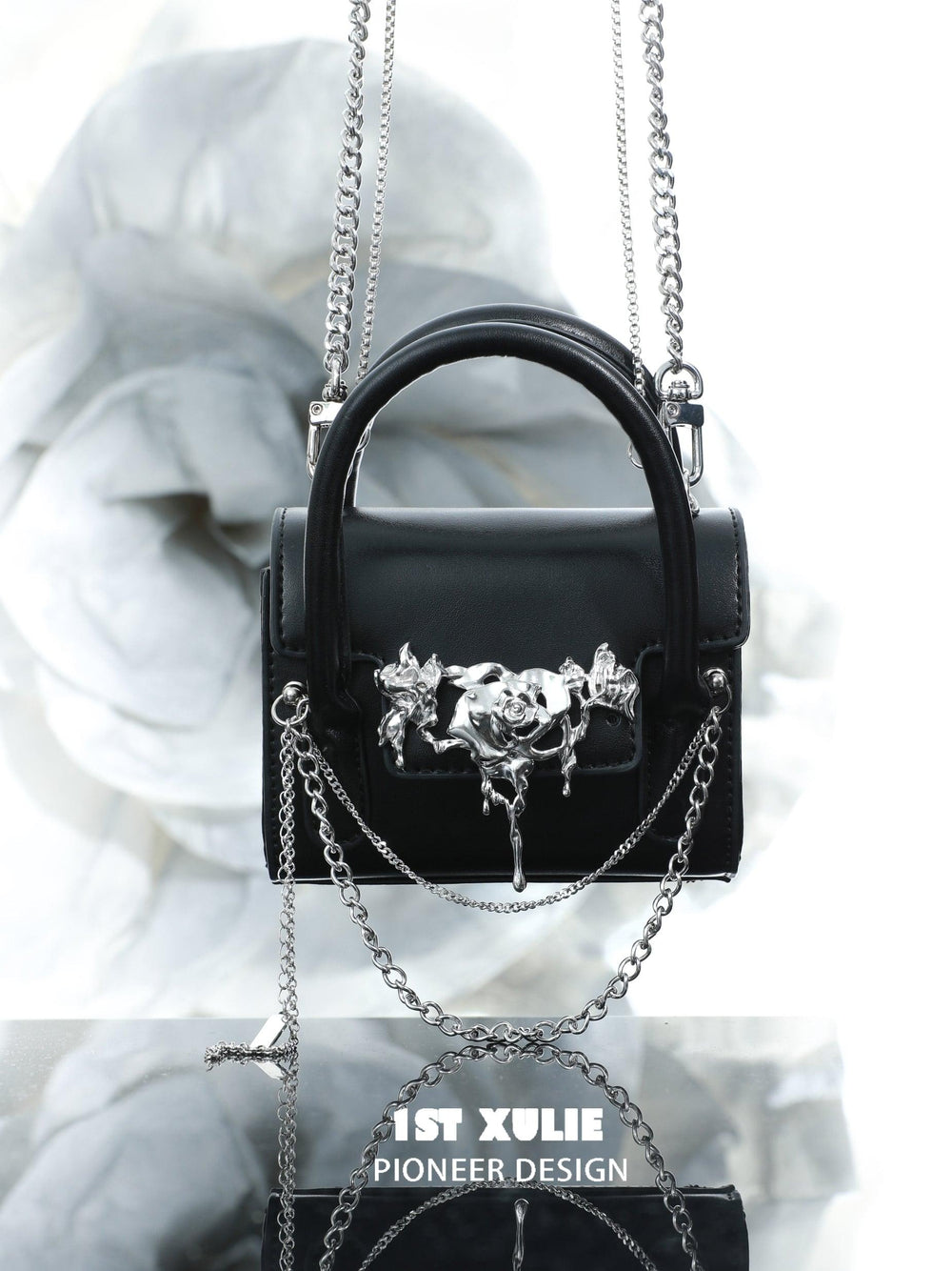 1ST XULIE "Taboo Rose" Gothic Rose Chain Handbag in Microfiber and Alloy - Size Comparison