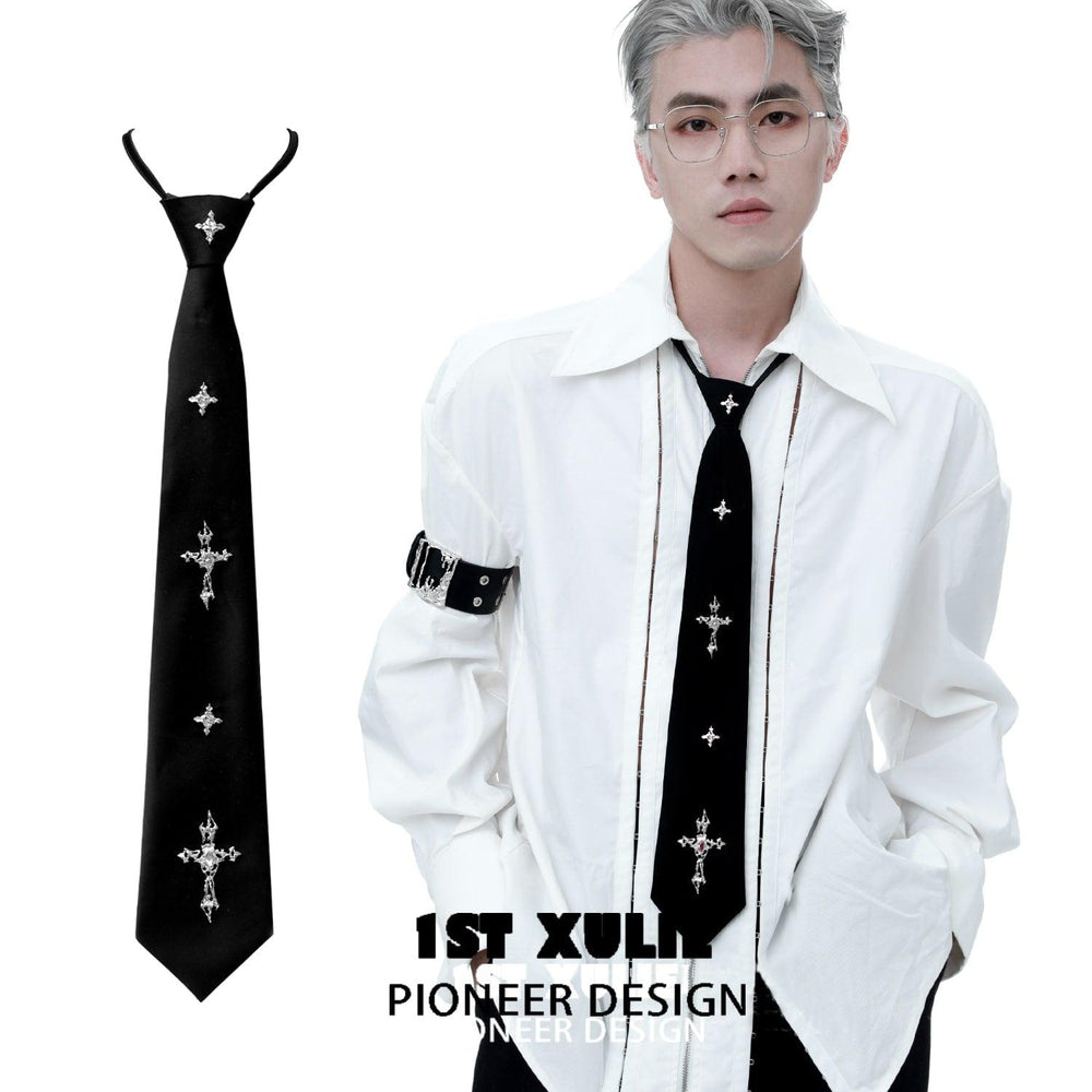 1ST XULIE "Rose Believer" Gothic Rose Cross Bolo Tie in Platinum Plate - Product View