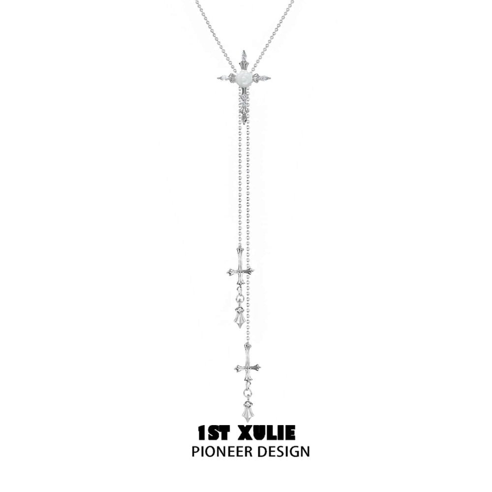 1ST XULIE "Rose Believer" Gothic Rose Cross Zipper Necklace in Rhodium Plated Brass - Angled View