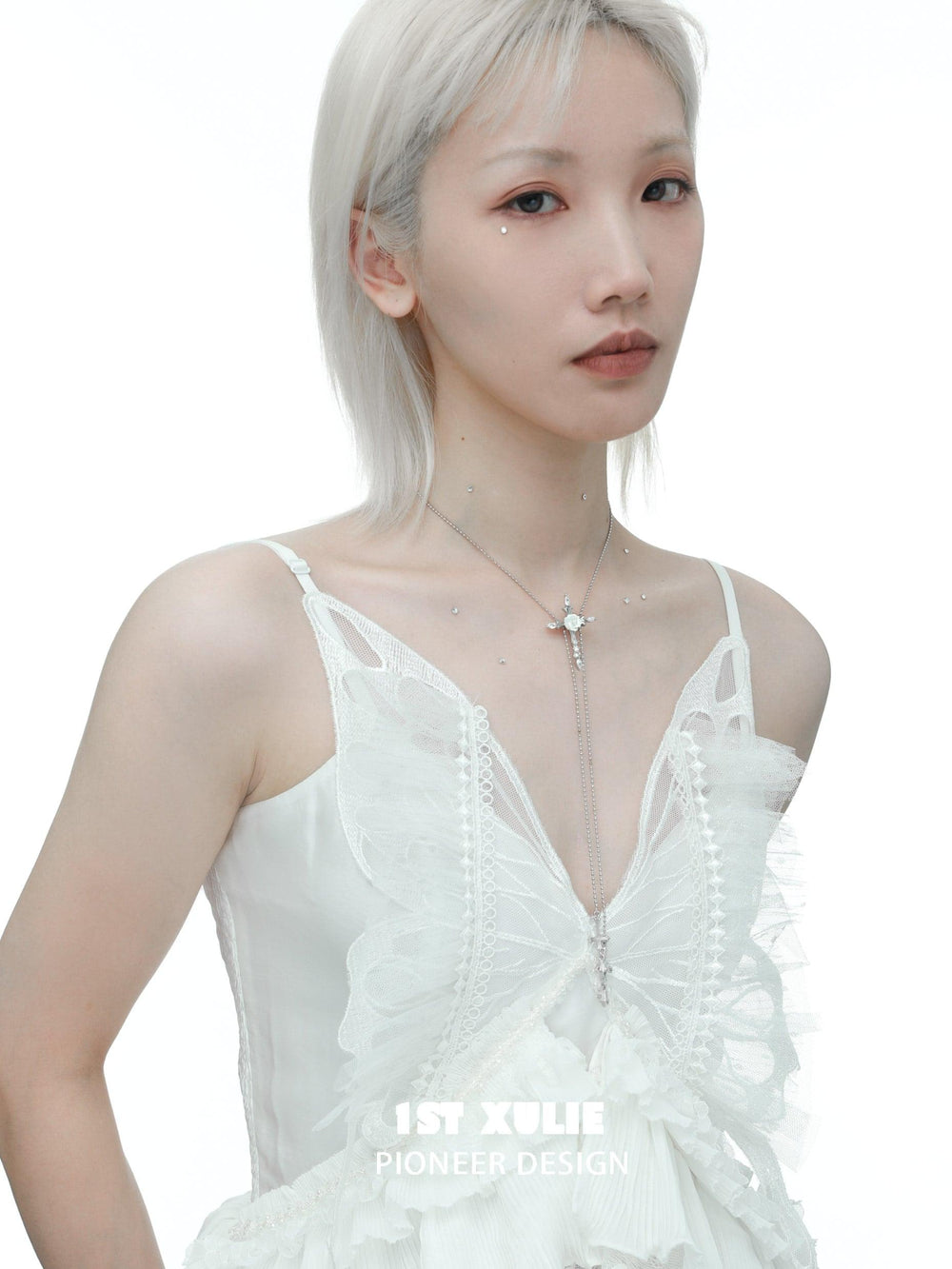 1ST XULIE "Rose Believer" Gothic Rose Cross Zipper Necklace in Rhodium Plated Brass - Pendant Detail Shot