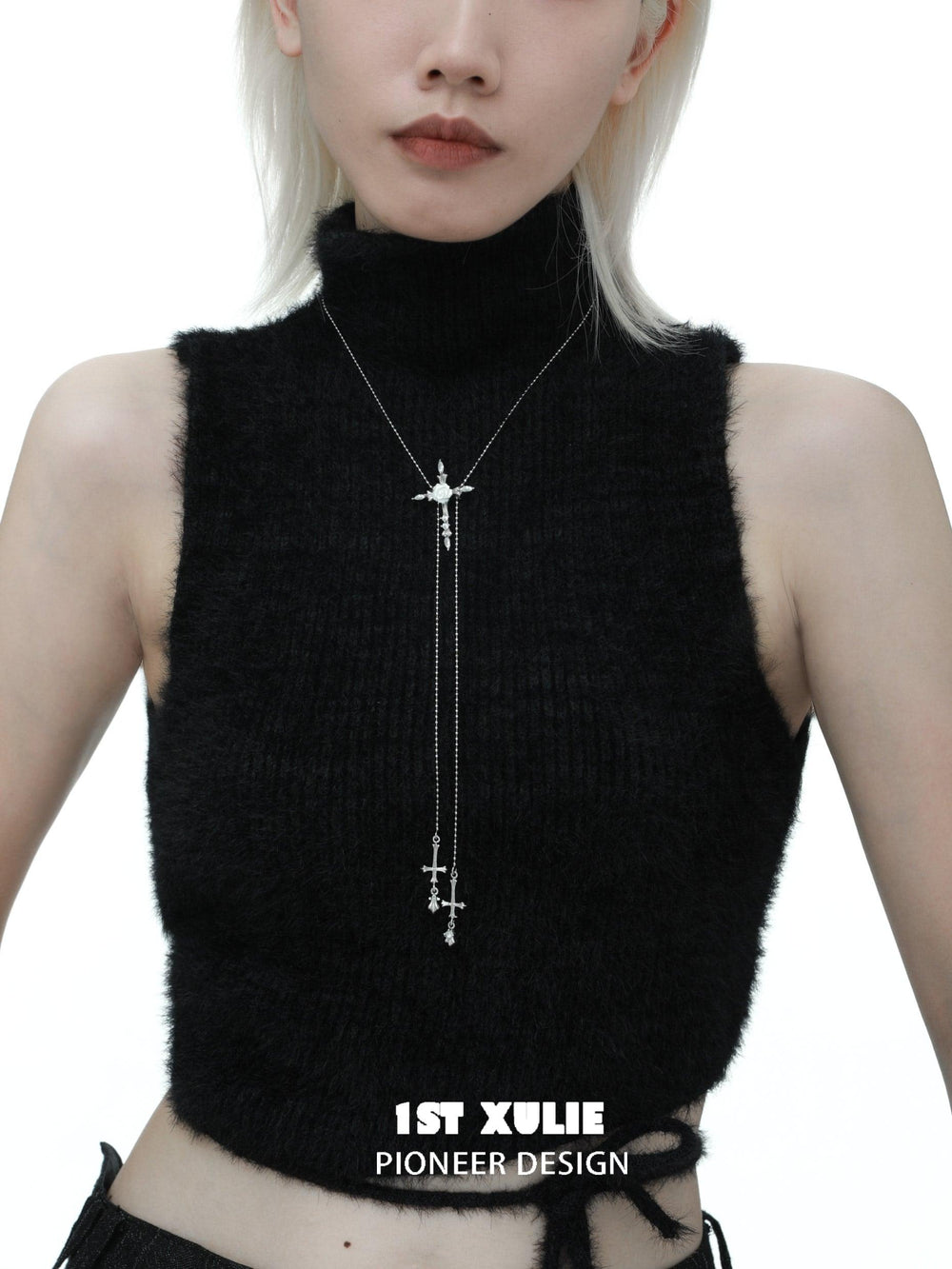 1ST XULIE "Rose Believer" Gothic Rose Cross Zipper Necklace in Rhodium Plated Brass - Product View