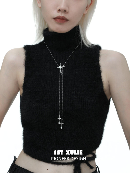 1ST XULIE "Rose Believer" Gothic Rose Cross Zipper Necklace in Rhodium Plated Brass - Product View