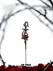 1ST XULIE Jewelry "TWILIGHT ROSE" Gothic Rose Statement Drop Needle Piercing Earrings in Black Gold Plated - On Model
