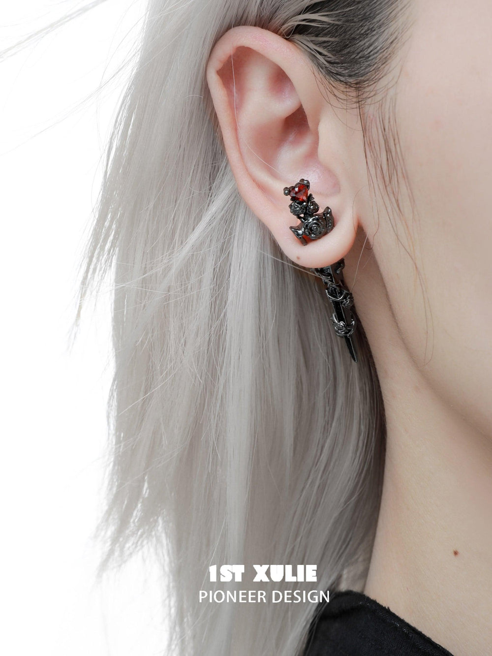 1ST XULIE "Taboo Rose" Gothic Rose & Sword Dangle Earrings in Platinum Plated - Angled View
