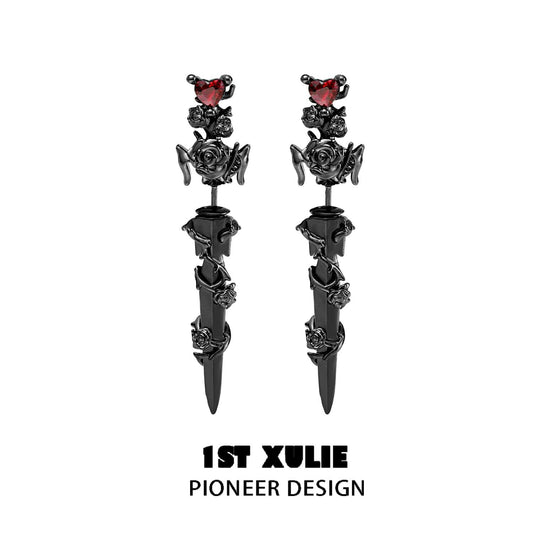 1ST XULIE "Taboo Rose" Gothic Rose & Sword Dangle Earrings in Platinum Plated - Lifestyle Shot
