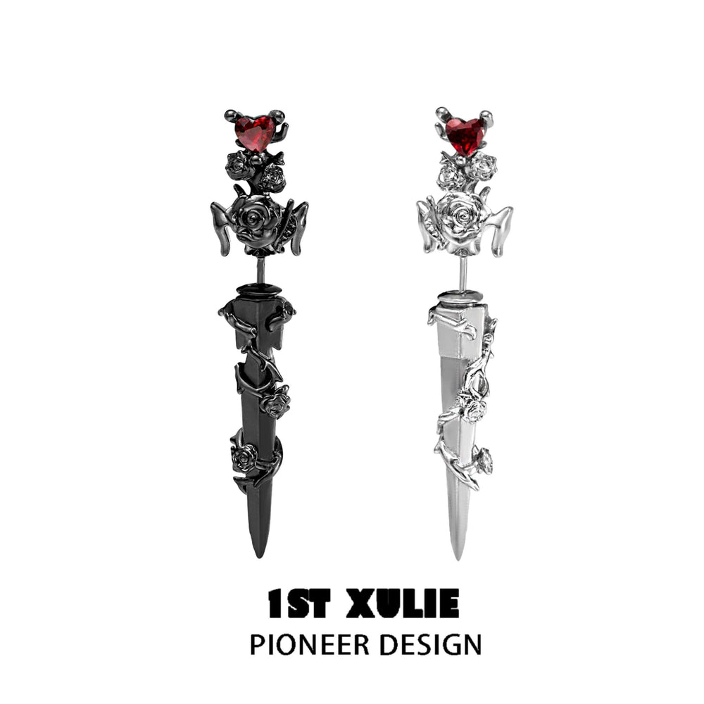 1ST XULIE "Taboo Rose" Gothic Rose & Sword Dangle Earrings in Platinum Plated - Product View