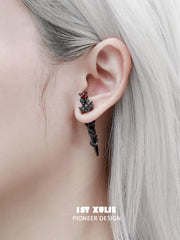 1ST XULIE "Taboo Rose" Gothic Rose & Sword Dangle Earrings in Platinum Plated - On Model