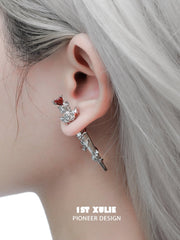 1ST XULIE "Taboo Rose" Gothic Rose & Sword Dangle Earrings in Platinum Plated - On Model Close-up