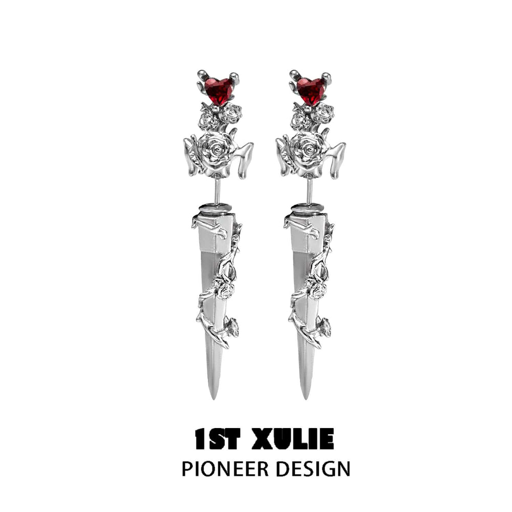 1ST XULIE "Taboo Rose" Gothic Rose & Sword Dangle Earrings in Platinum Plated - Side View