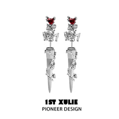 1ST XULIE "Taboo Rose" Gothic Rose & Sword Dangle Earrings in Platinum Plated - Side View