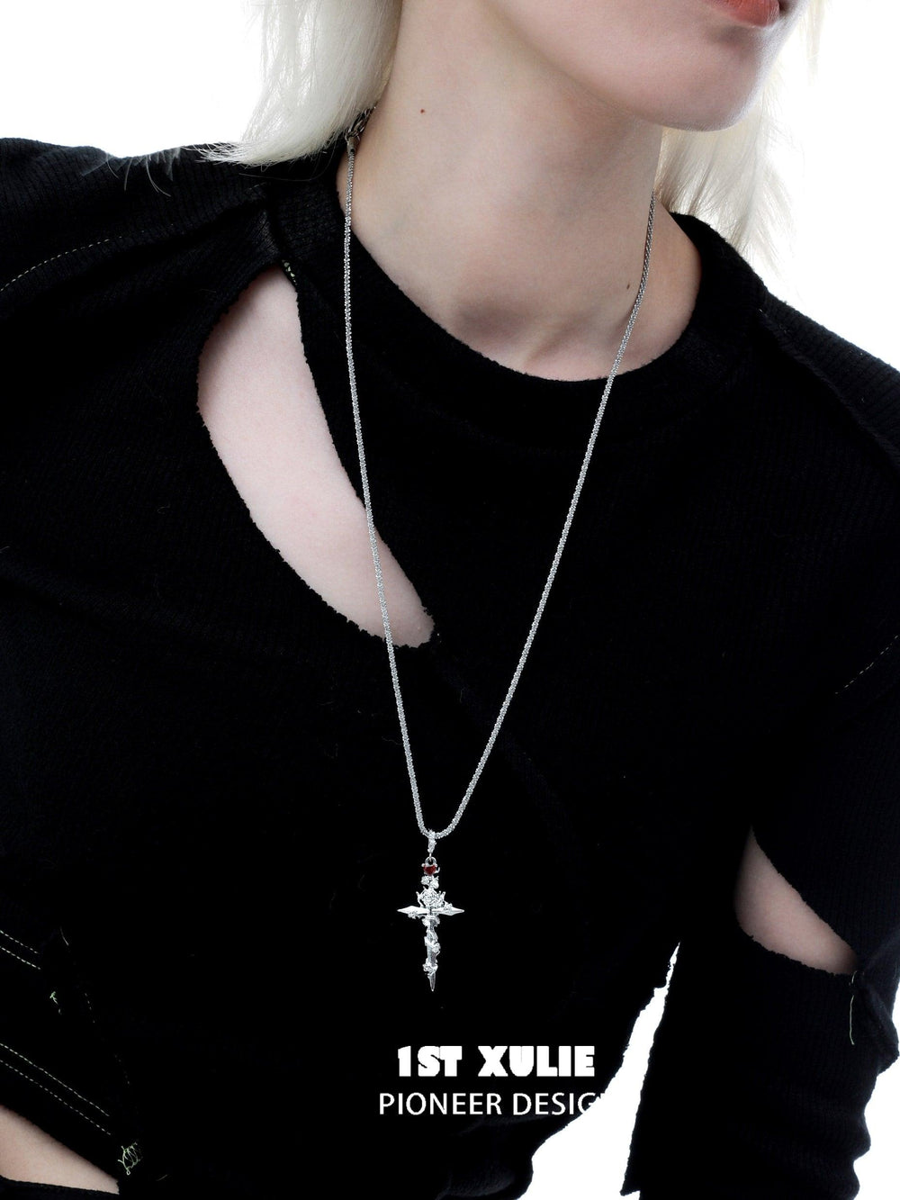 1ST XULIE "Taboo Rose" Gothic Rose Sword Necklace in Platinum Plated - Angled View