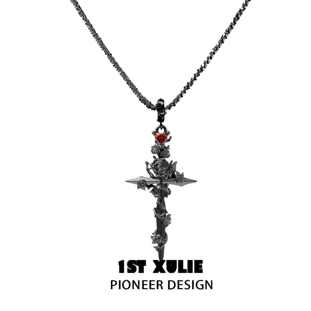 1ST XULIE "Taboo Rose" Gothic Rose Sword Necklace in Platinum Plated - Detail Shot