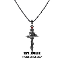 1ST XULIE "Taboo Rose" Gothic Rose Sword Necklace in Platinum Plated - Detail Shot
