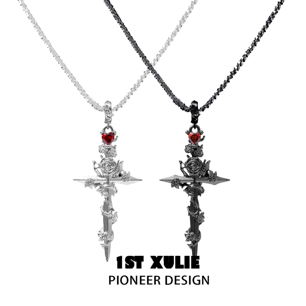 1ST XULIE "Taboo Rose" Gothic Rose Sword Necklace in Platinum Plated - Product View