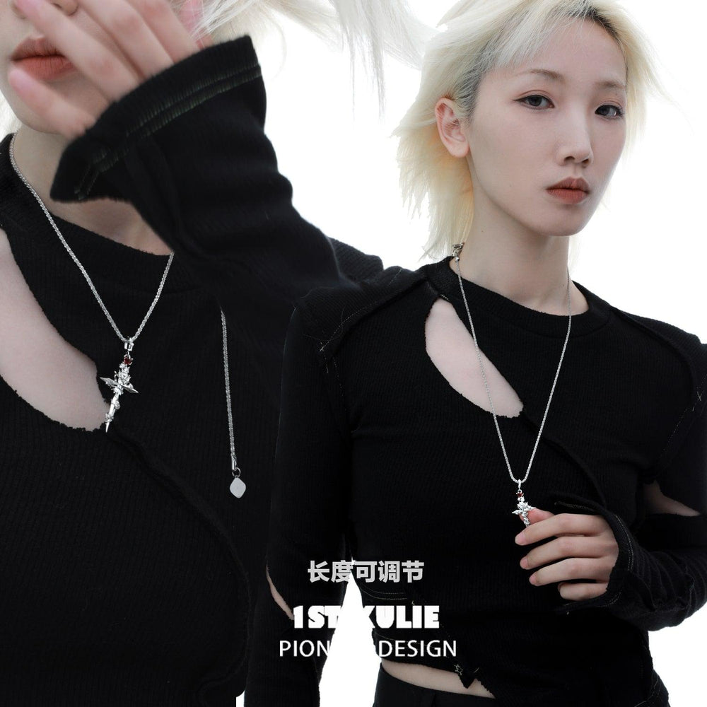 1ST XULIE "Taboo Rose" Gothic Rose Sword Necklace in Platinum Plated - On Model