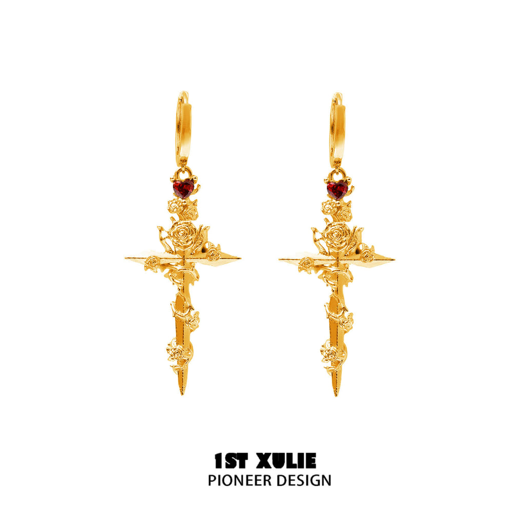 1ST XULIE "Taboo Rose" Gothic Rose Sword Statement Stud Earrings in 24K Gold Plated - Product View