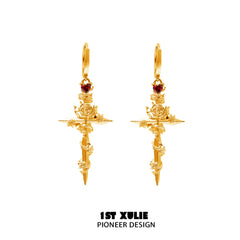 1ST XULIE "Taboo Rose" Gothic Rose Sword Statement Stud Earrings in 24K Gold Plated - Product View