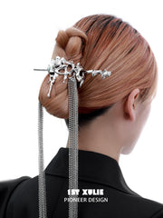 1ST XULIE "Taboo Rose" Gothic Rose Tassel Hairpin in Rhodium - Rose Detail Shot