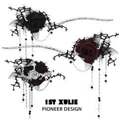 1ST XULIE "Taboo Rose" Gothic Rose Tassel Hairpin in Platinum Plated - On Model