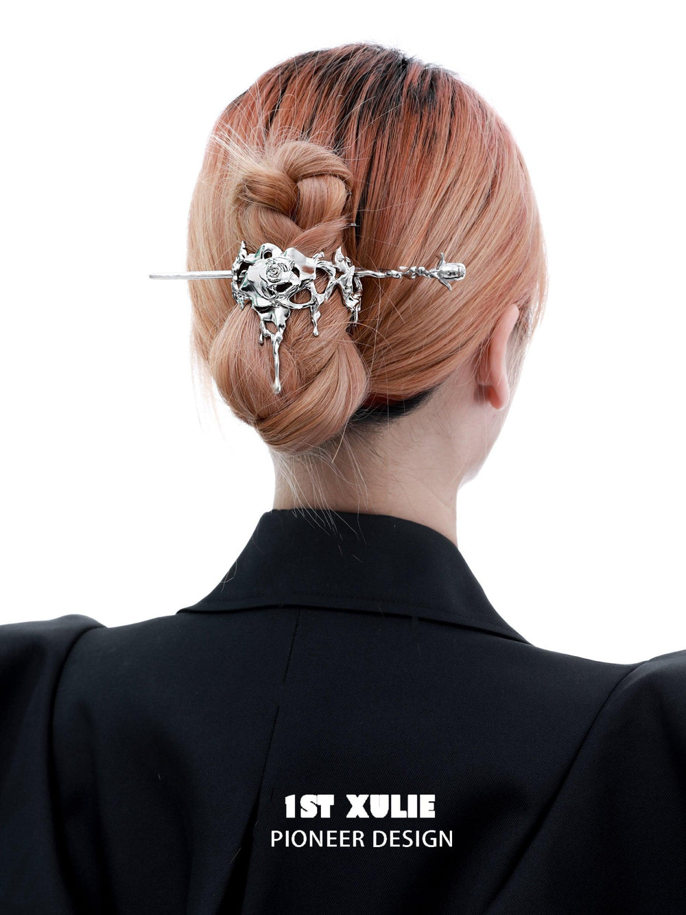 1ST XULIE "Taboo Rose" Gothic Rose Tassel Hairpin in Rhodium - On Model