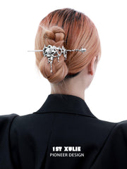 1ST XULIE "Taboo Rose" Gothic Rose Tassel Hairpin in Rhodium - On Model