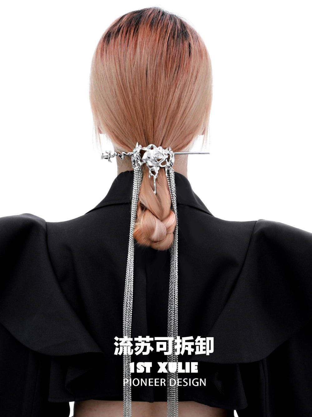 1ST XULIE "Taboo Rose" Gothic Rose Tassel Hairpin in Rhodium - On Model Style Shot
